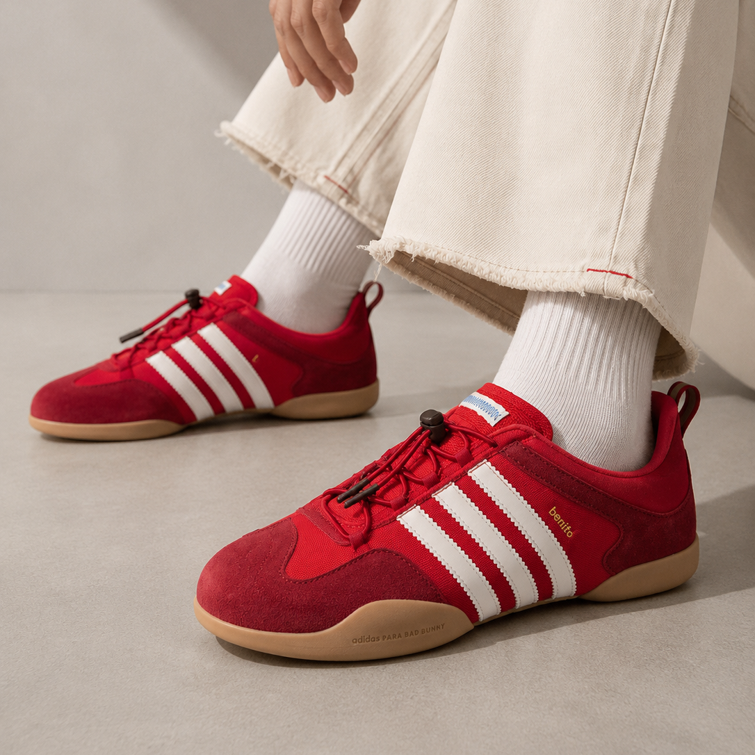 Adidas Ballerina x Bad Bunny Flamboyan Vivid Red worn on foot