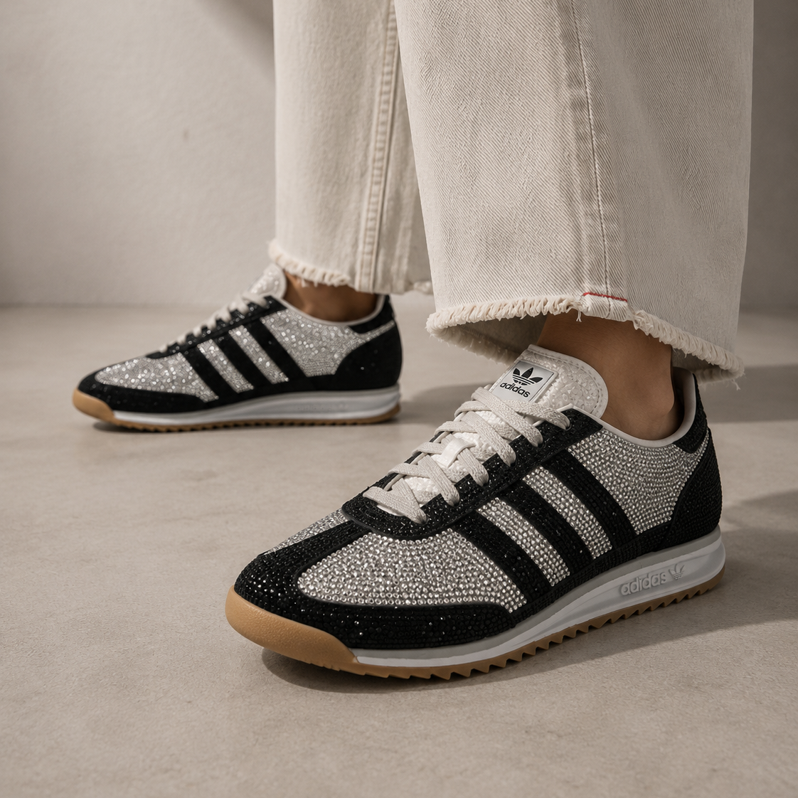 Adidas SL 72 Rhinestone Grey Black Charcoal worn on foot
