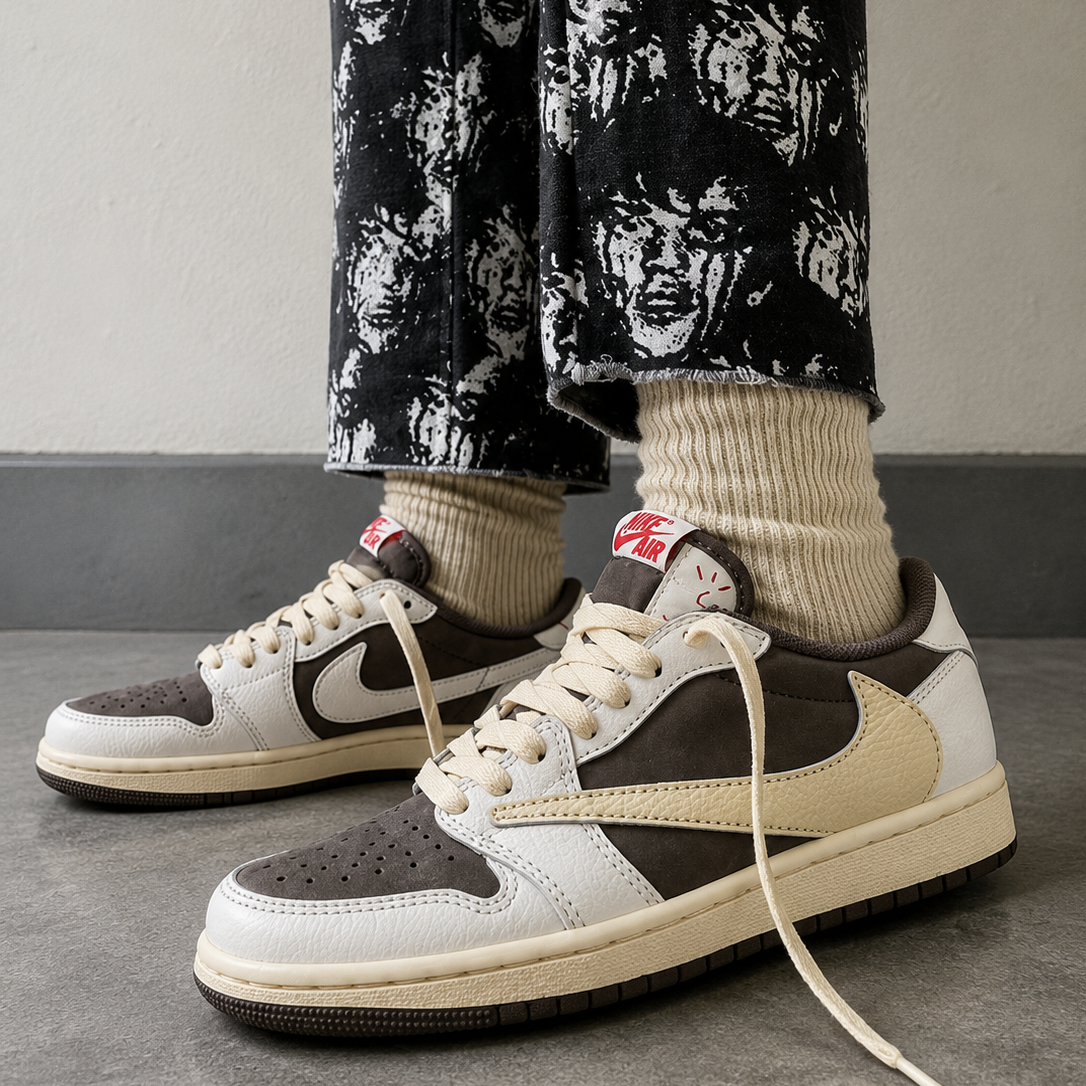 Air Jordan Retro 1 Low x Travis Scott Reverse Mocha worn on foot
