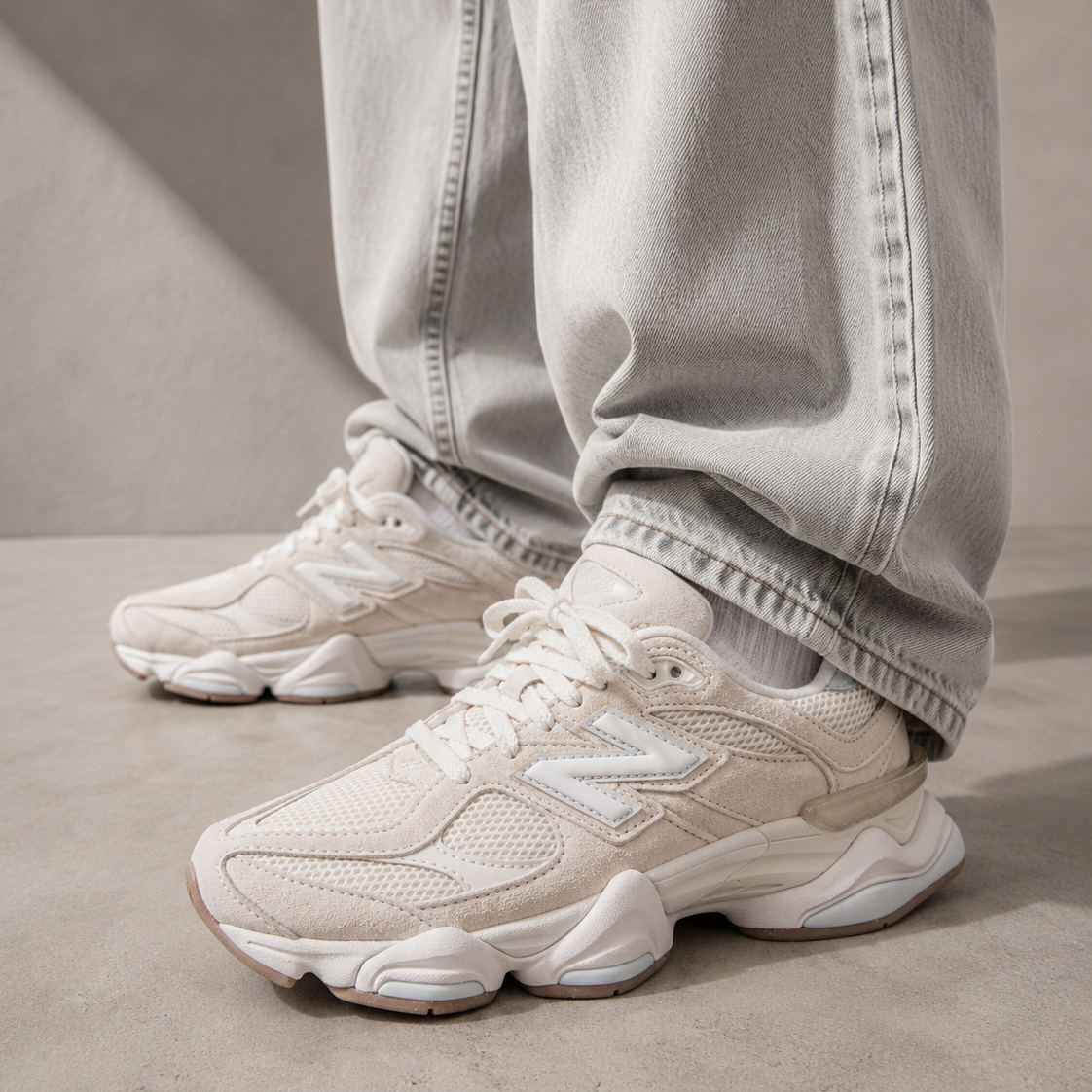 New Balance 9060 Bisque Frosted Glass worn on foot